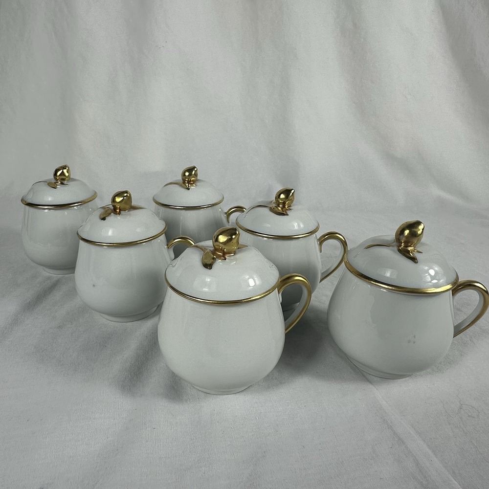 6 Antique Limoges Pot de Crème France Coiffe Porcelain White And Gold